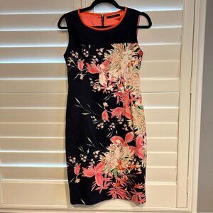 Tahari Floral Shift Dress Navy Orange Multi Size 4